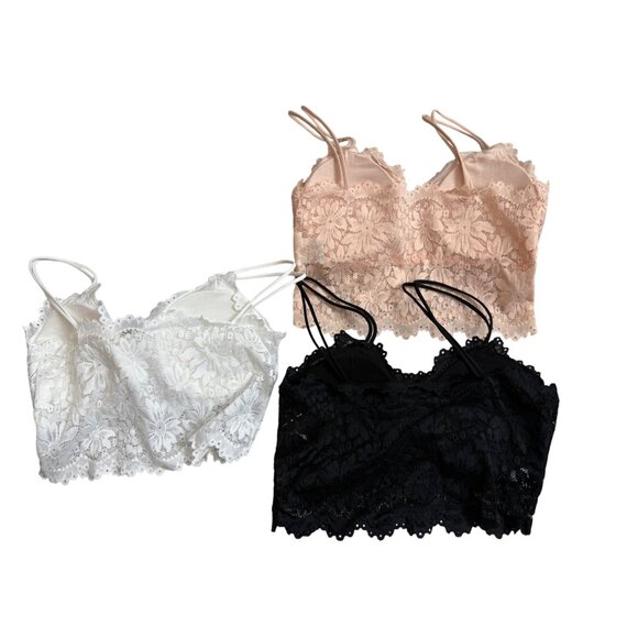 Lace Bralette Set Of 3 White Peach & Black Colors Floral Design Women One Size - Picture 2 of 16